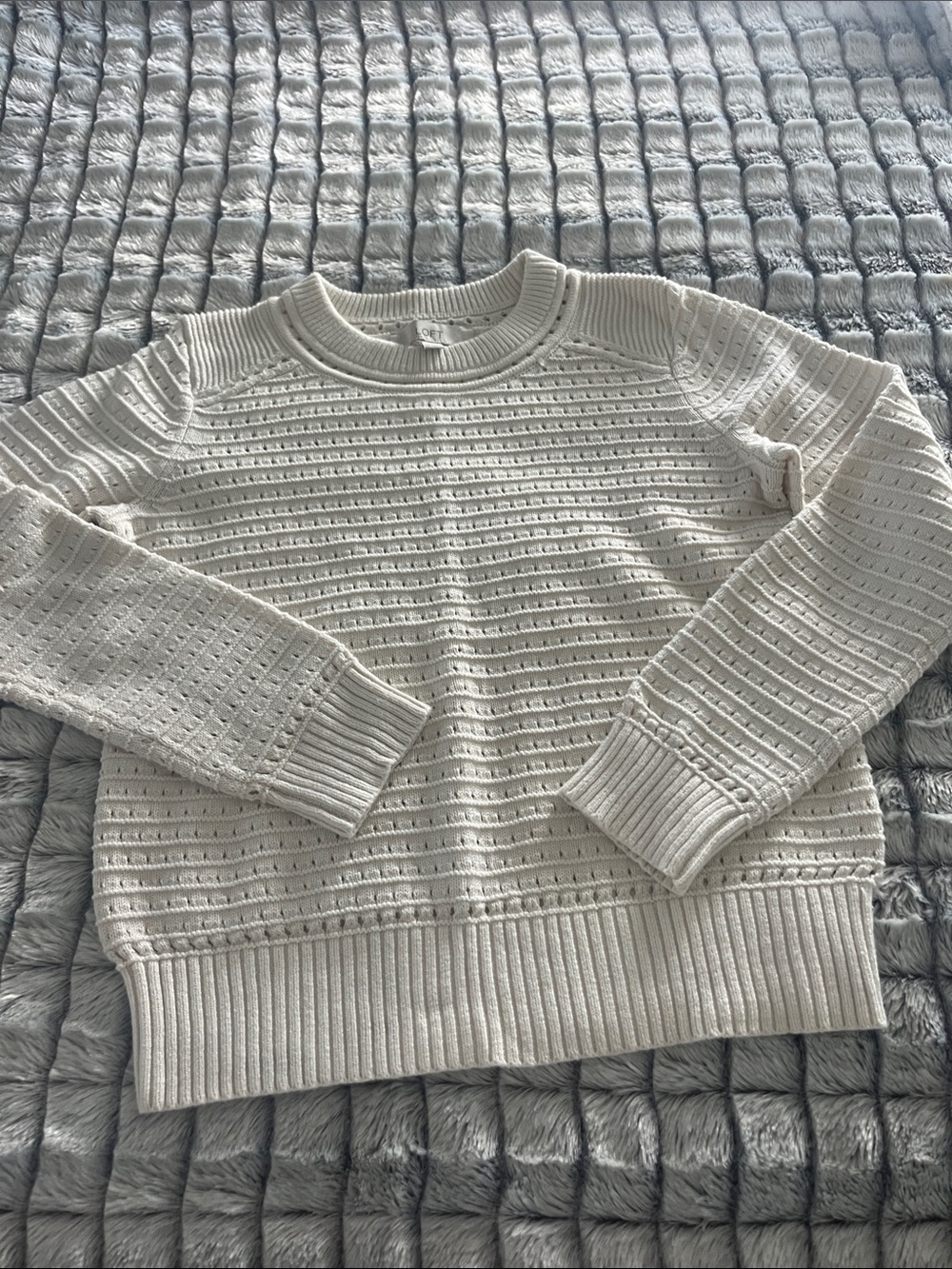 LOFT Cream 100% Cotton Open-Stitch Crewneck Sweater